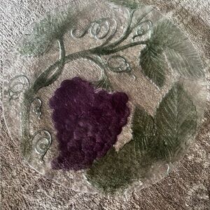 Glass Platter with Purple Grapes and Green Leaves